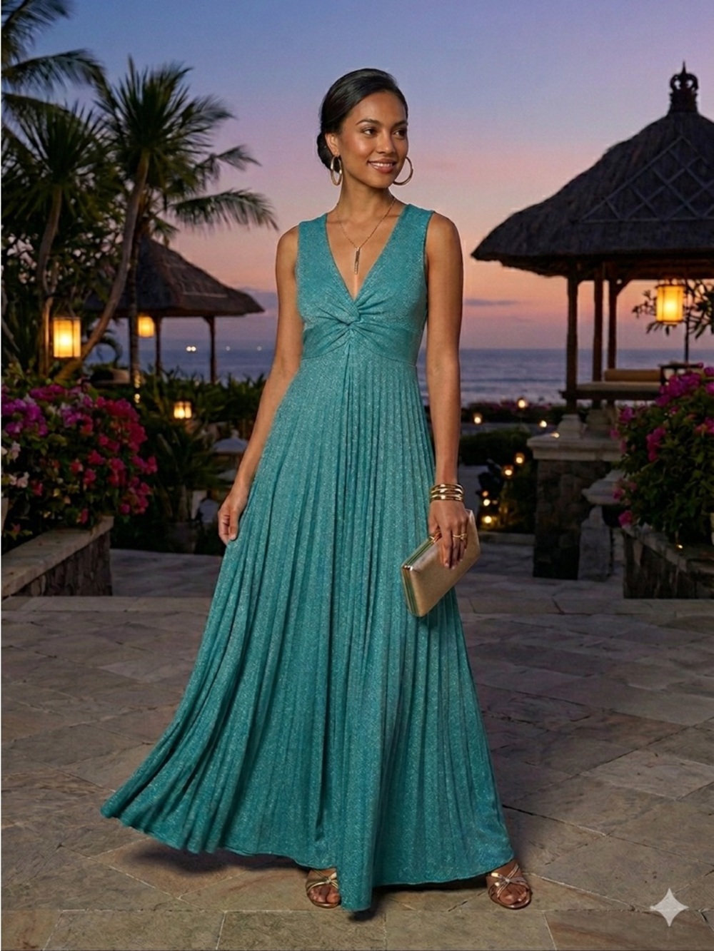 SAIPH Teal Blue / Green Metallic Knit Twist Front Pleated Maxi Dress - Medium